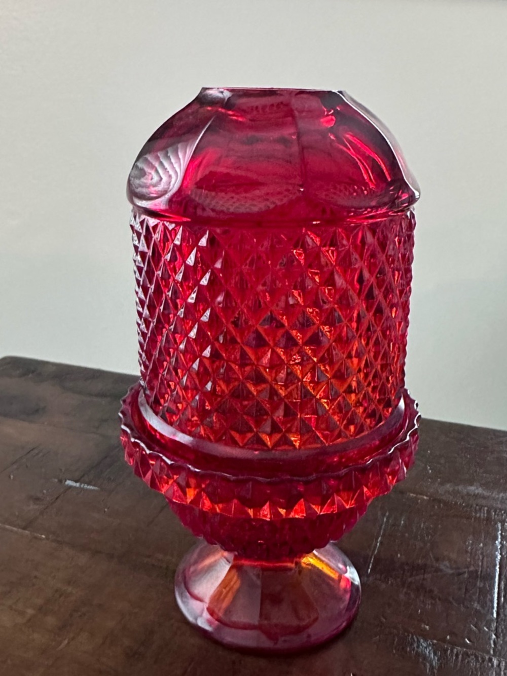 Ruby Red Diamond Fairy Lamp Pressed Glass- Glows